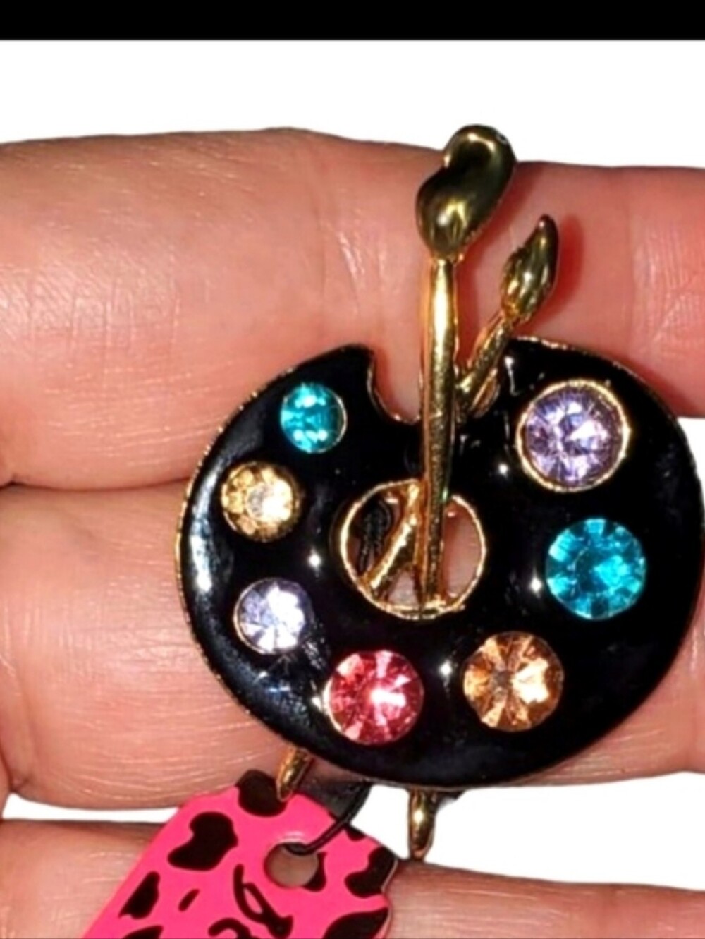 Gold-Tone Artist Palette Brooch with Multi-Color Rhinestones Trendy
